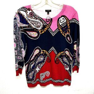 Talbots Petite Cotton Blend Sweater Top Paisley Stretch 3/4 Sleeve Multicolor LP